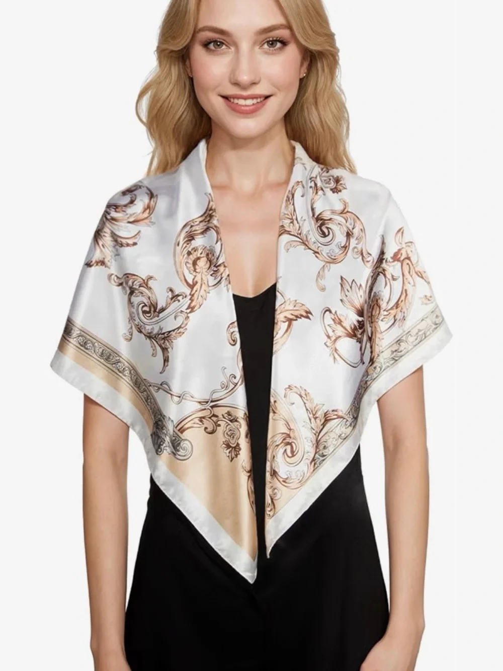 Silk-Feel Cream & Gold Patterned Head Scarf